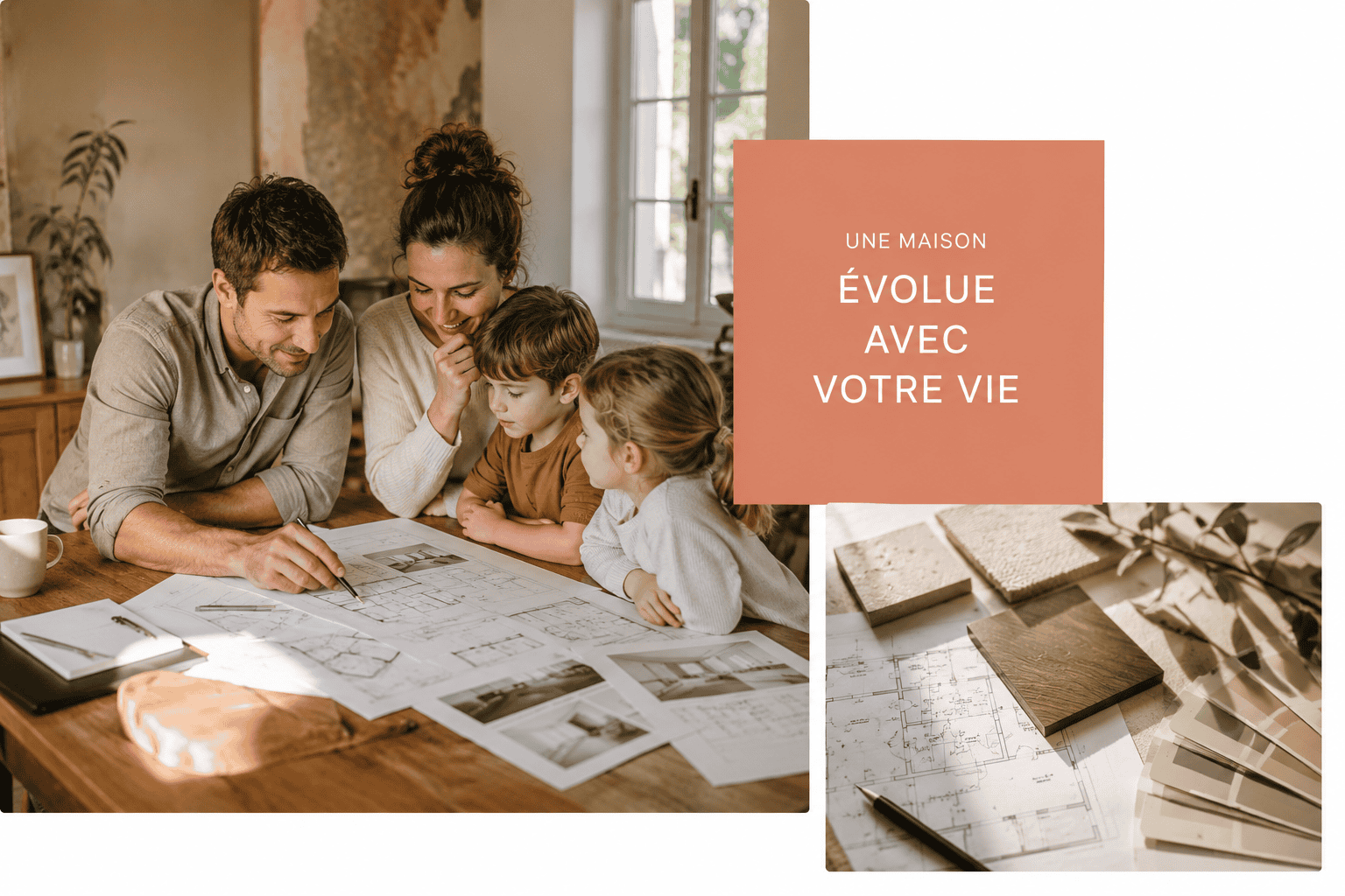 Famille échangeant autour de plans d’aménagement avec un architecte d’intérieur pour un projet de rénovation de maison.