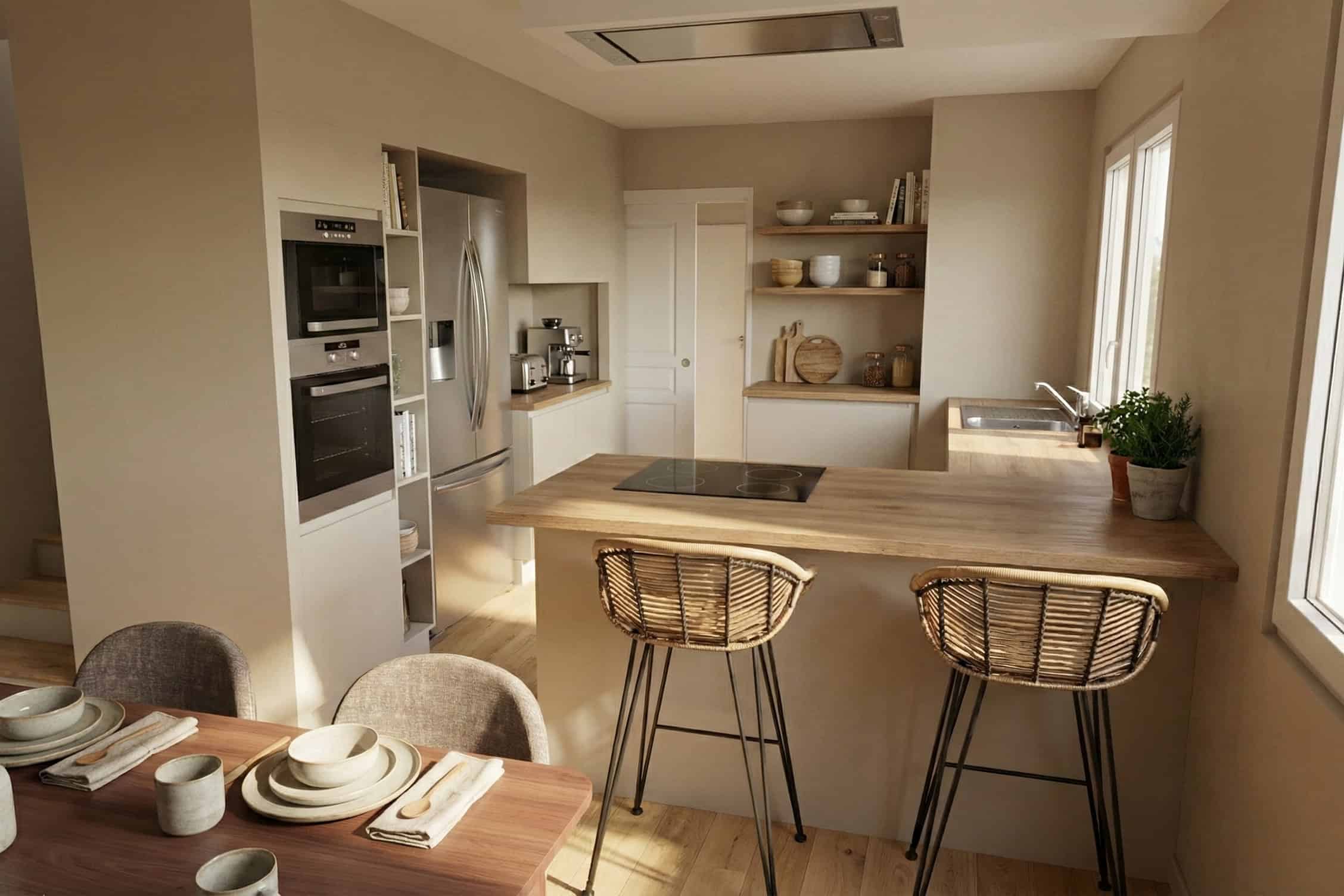 Cuisine familiale rénovée avec îlot central en bois, ouverte sur la salle à manger, conçue par un architecte d’intérieur.